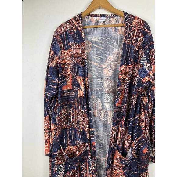 Lularoe Sarah XL Duster Blue Peach Orange Aztec Tribal Ribbed Knit Cardigan - Picture 3 of 8